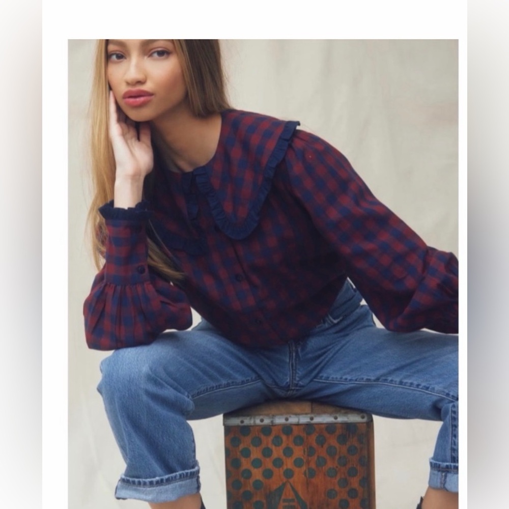 New Ophelia and Indigo Poppy Blouse Navy Burgundy Check Small Anthropologie